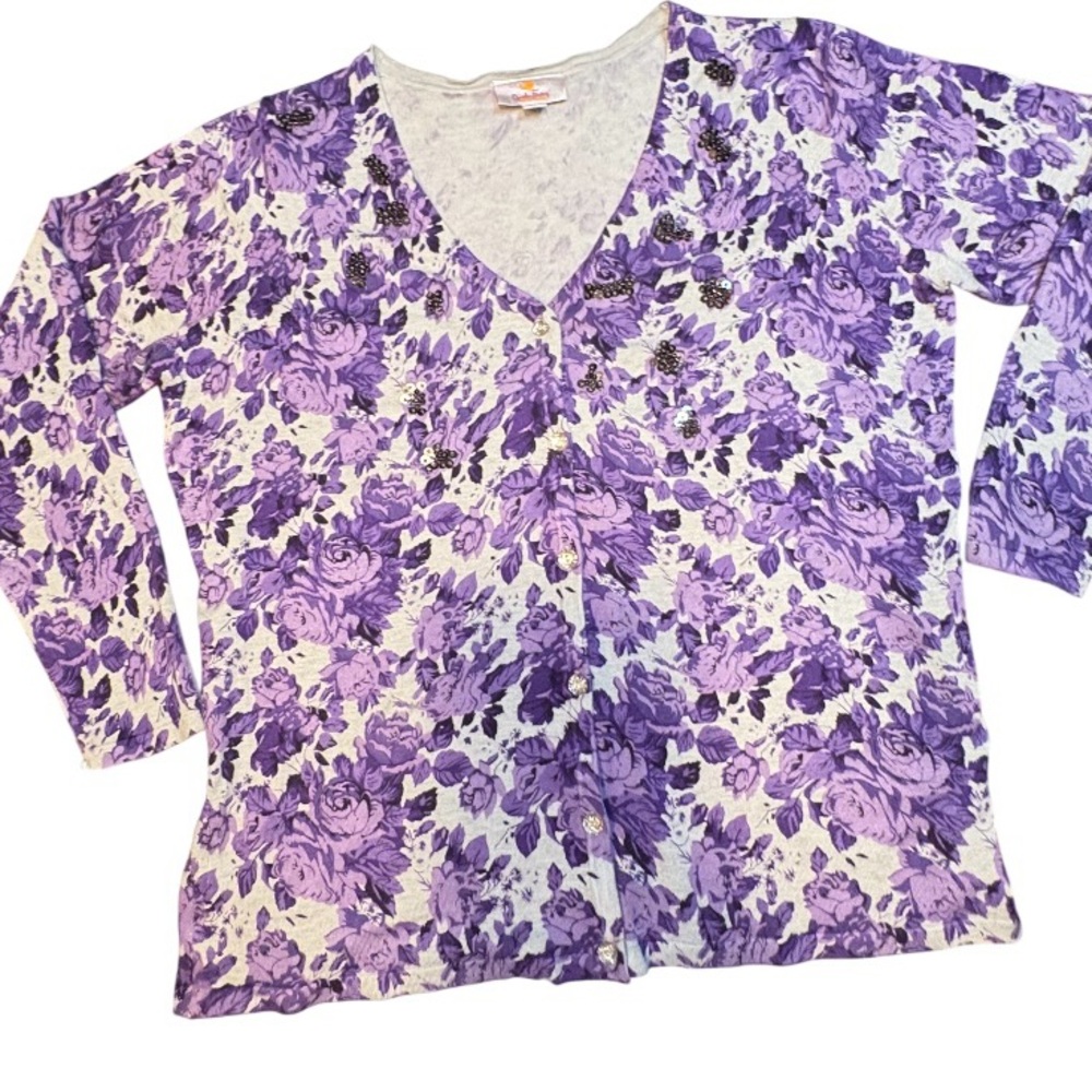 Quacker Factory women's floral-printed V-neck knit cardigan with gem button lg - Picture 2 of 11